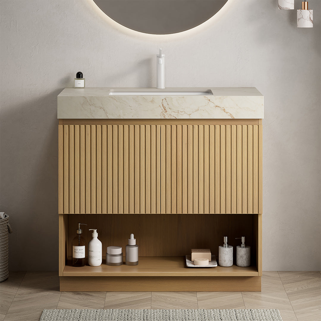 FINO 36" Freestanding Bathroom Vanity with Cream Gold Vein Sintered Stone Countertop and Ceramic Basin, Corolla Oak Woodgrain Cabinet, 1 Pre-Drilled Faucet Hole, Disassembled