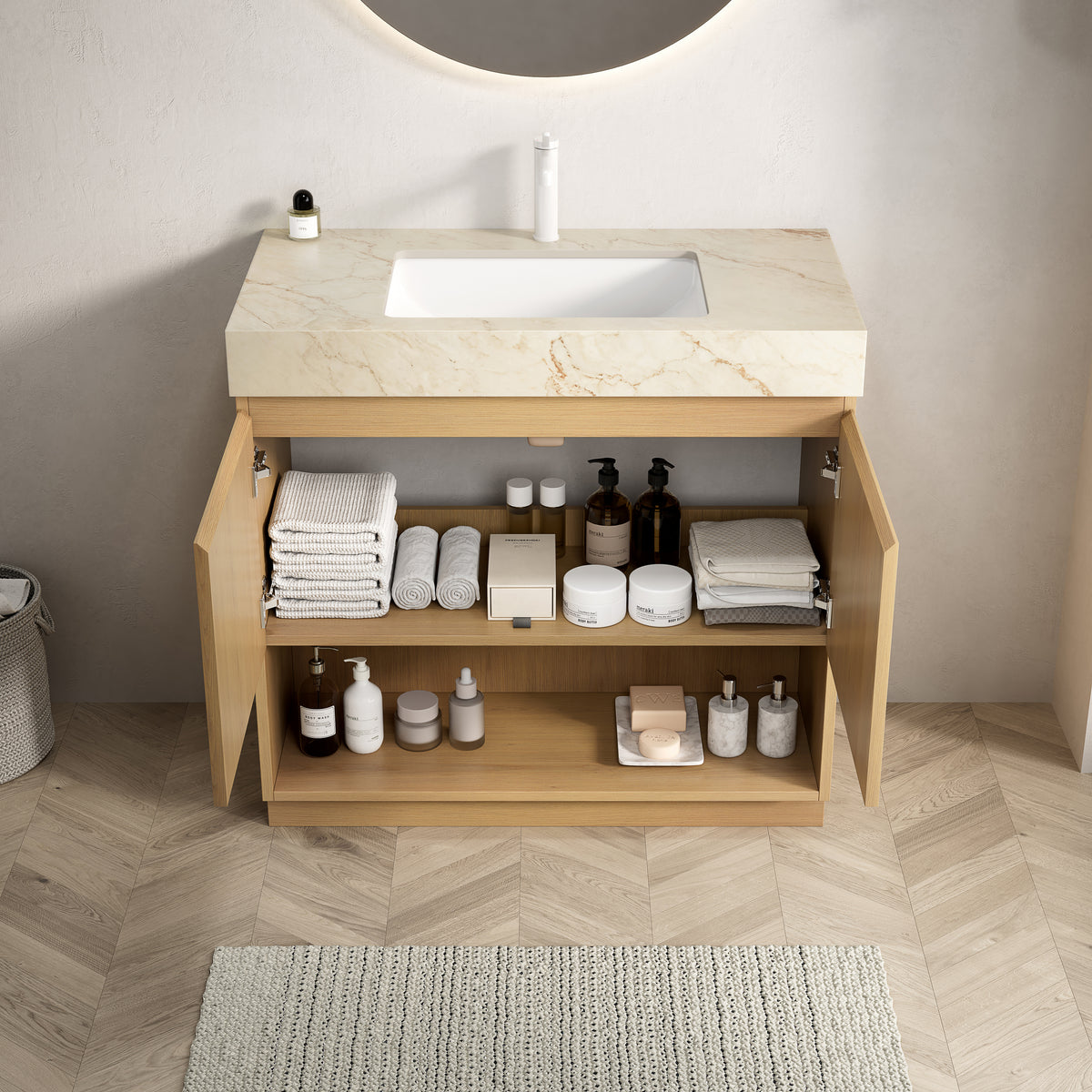 FINO 36" Freestanding Bathroom Vanity with Cream Gold Vein Sintered Stone Countertop and Ceramic Basin, Corolla Oak Woodgrain Cabinet, 1 Pre-Drilled Faucet Hole, Disassembled