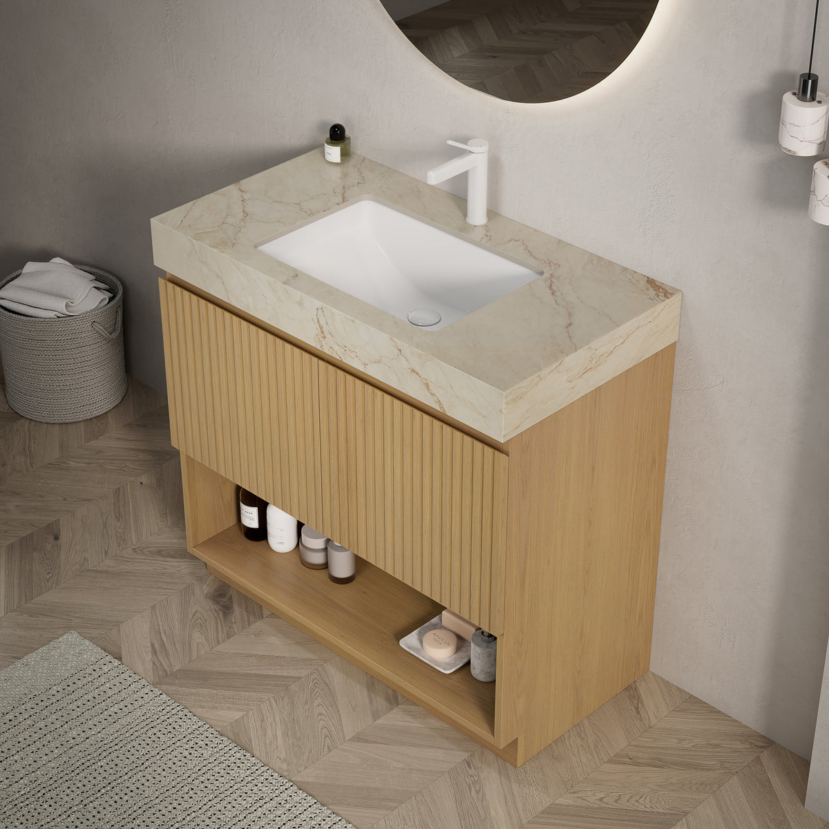 FINO 36" Freestanding Bathroom Vanity with Cream Gold Vein Sintered Stone Countertop and Ceramic Basin, Corolla Oak Woodgrain Cabinet, 1 Pre-Drilled Faucet Hole, Disassembled