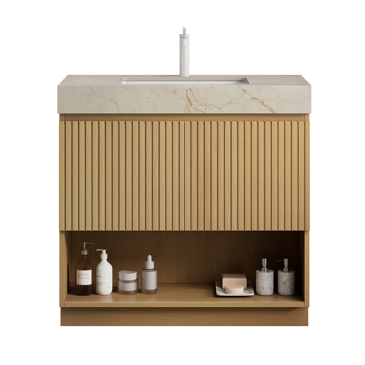 FINO 36" Freestanding Bathroom Vanity with Cream Gold Vein Sintered Stone Countertop and Ceramic Basin, Corolla Oak Woodgrain Cabinet, 1 Pre-Drilled Faucet Hole, Disassembled