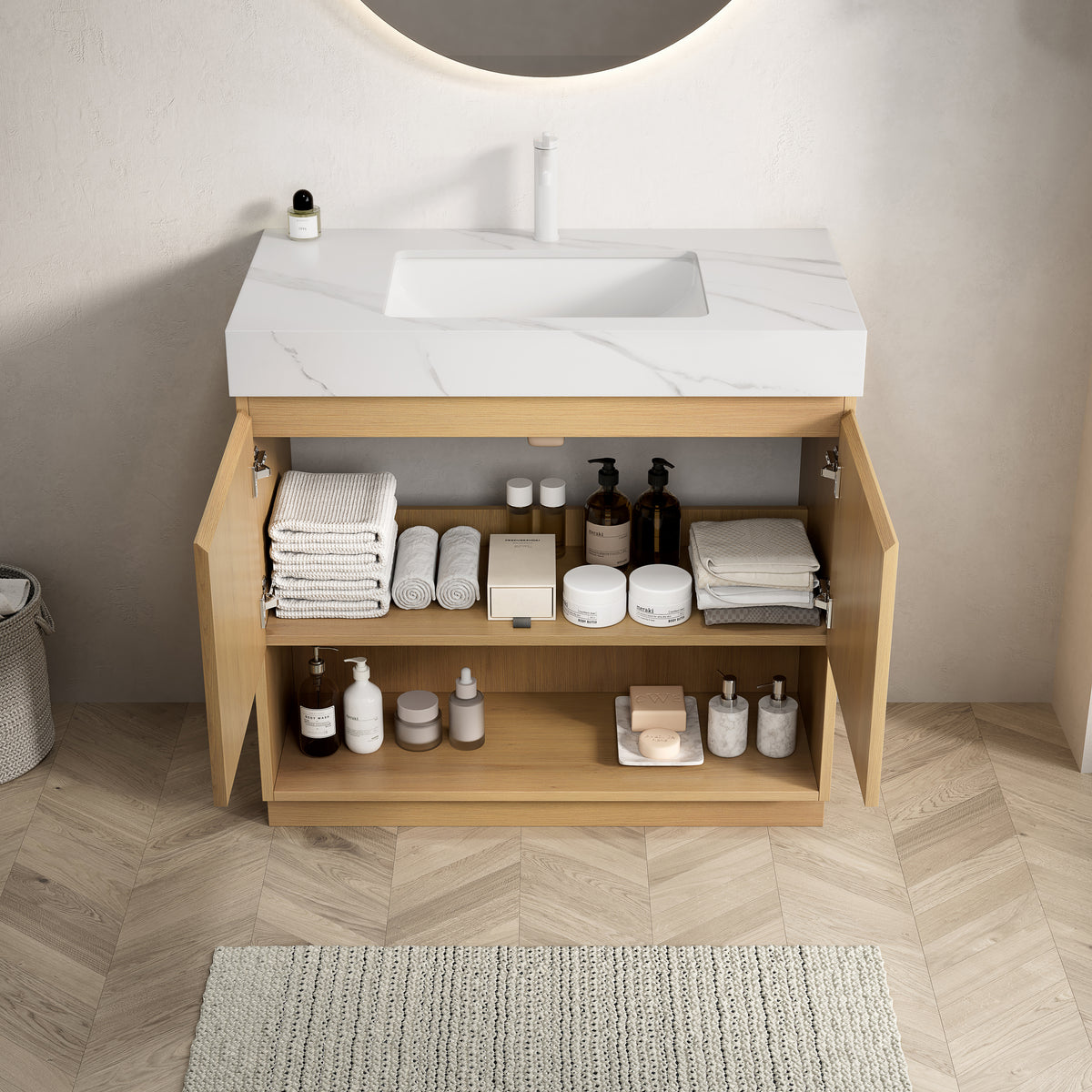 FINO 36" Freestanding Bathroom Vanity with Carrara White Sintered Stone Countertop and Ceramic Basin, Corolla Oak Woodgrain Cabinet, 1 Pre-Drilled Faucet Hole, Disassembled