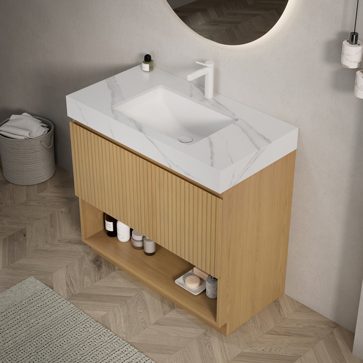 FINO 36" Freestanding Bathroom Vanity with Carrara White Sintered Stone Countertop and Ceramic Basin, Corolla Oak Woodgrain Cabinet, 1 Pre-Drilled Faucet Hole, Disassembled