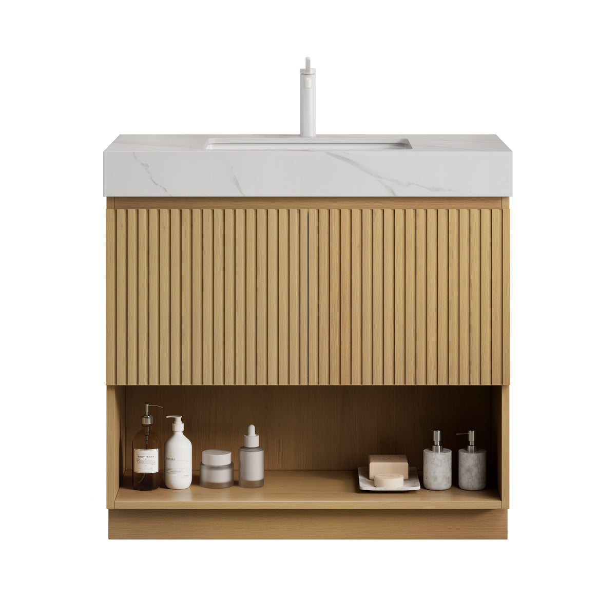 FINO 36" Freestanding Bathroom Vanity with Carrara White Sintered Stone Countertop and Ceramic Basin, Corolla Oak Woodgrain Cabinet, 1 Pre-Drilled Faucet Hole, Disassembled