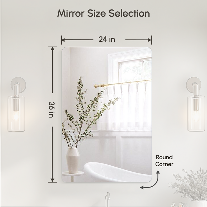 USHOWER Kadra Series 24x36 Inch Frameless Rectangular Bathroom Mirror with Rounded Corners and Multi-Option Dimensions