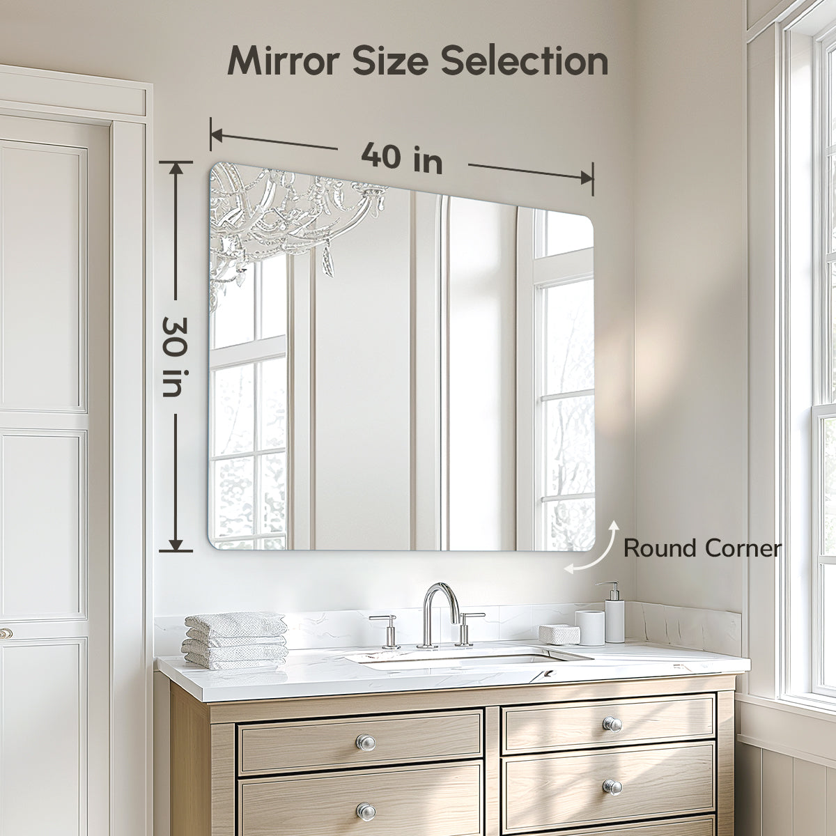 USHOWER Kadra Series – 30'' x 40'' Frameless Rectangular Bathroom Mirror