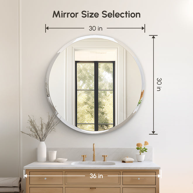 USHOWER Kadra Series 30 Inch Frameless Round Bathroom Mirror with Diameter Shown, Ideal for 36-Inch Vanity Countertop