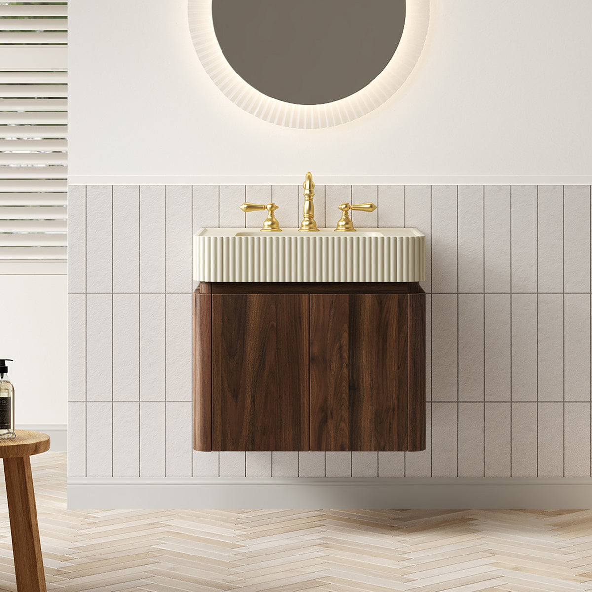 GECO 24" Wall-Mounted Bathroom Vanity with Cream Beige Solid Surface Integrated Basin, Floating Storage Cabinet, Walnut Woodgrain, 8" Widespread 3-Hole Faucet Configuration, Disassembled