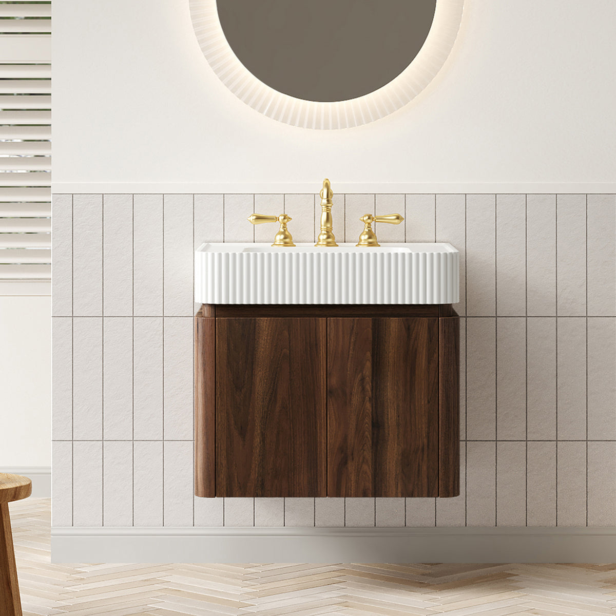 GECO 24" Wall-Mounted Bathroom Vanity with White Solid Surface Integrated Basin, Floating Storage Cabinet, Walnut Woodgrain, 8" Widespread 3-Hole Faucet Configuration, Disassembled