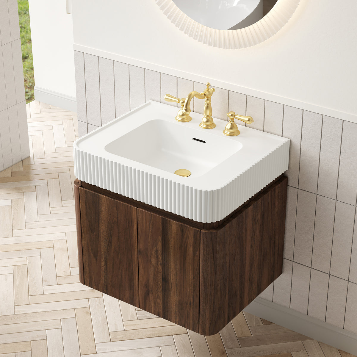 GECO 24" Wall-Mounted Bathroom Vanity with White Solid Surface Integrated Basin, Floating Storage Cabinet, Walnut Woodgrain, 8" Widespread 3-Hole Faucet Configuration, Disassembled