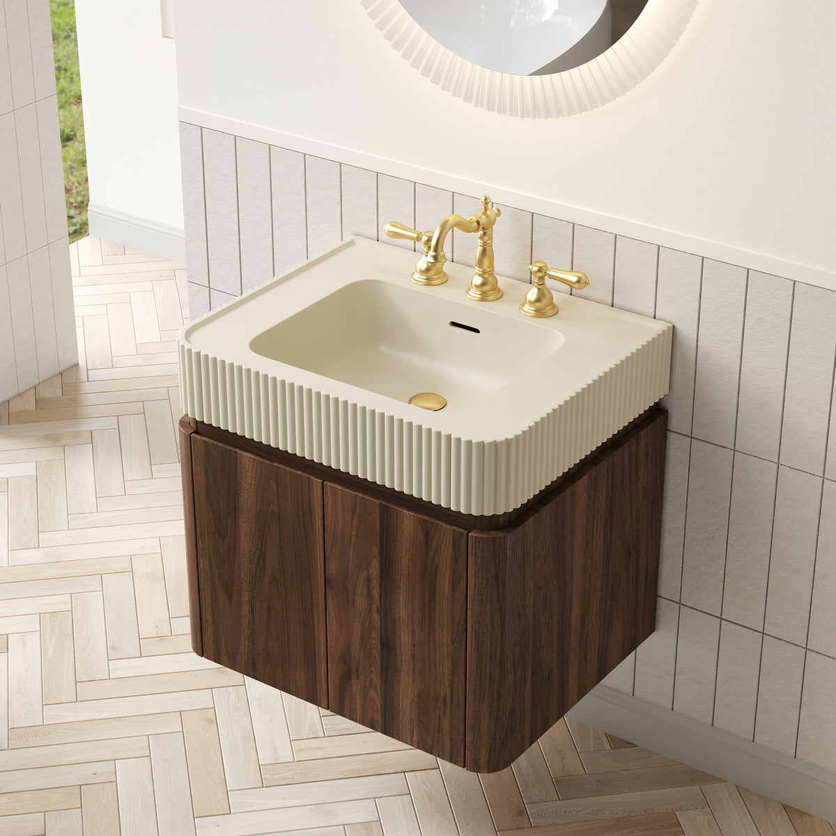 GECO 24" Wall-Mounted Bathroom Vanity with Cream Beige Solid Surface Integrated Basin, Floating Storage Cabinet, Walnut Woodgrain, 8" Widespread 3-Hole Faucet Configuration, Disassembled