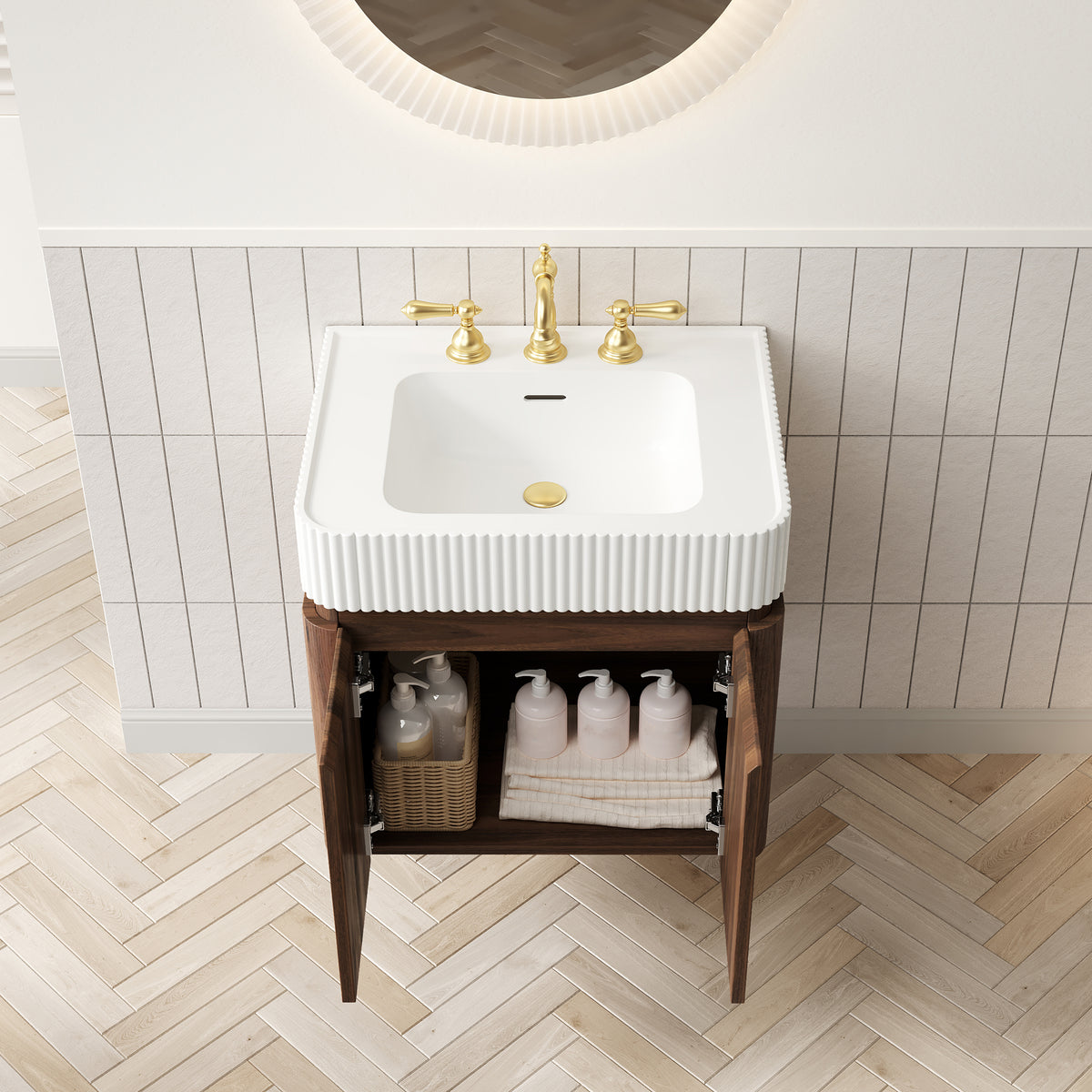 GECO 24" Wall-Mounted Bathroom Vanity with White Solid Surface Integrated Basin, Floating Storage Cabinet, Walnut Woodgrain, 8" Widespread 3-Hole Faucet Configuration, Disassembled
