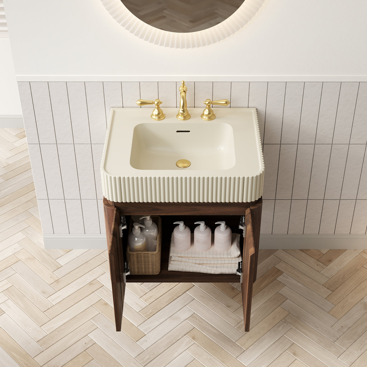 GECO 24" Wall-Mounted Bathroom Vanity with Cream Beige Solid Surface Integrated Basin, Floating Storage Cabinet, Walnut Woodgrain, 8" Widespread 3-Hole Faucet Configuration, Disassembled