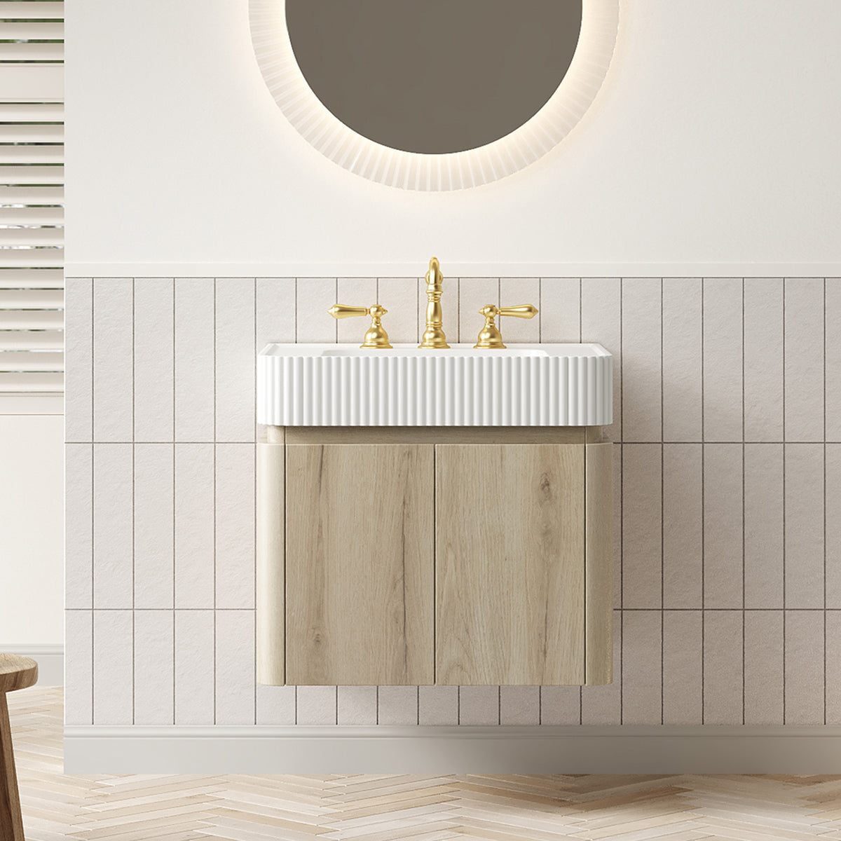 GECO 24" Wall-Mounted Bathroom Vanity with white Solid Surface Integrated Basin, Floating Storage Cabinet, White Oak Woodgrain, 8" Widespread 3-Hole Faucet Configuration, Disassembled