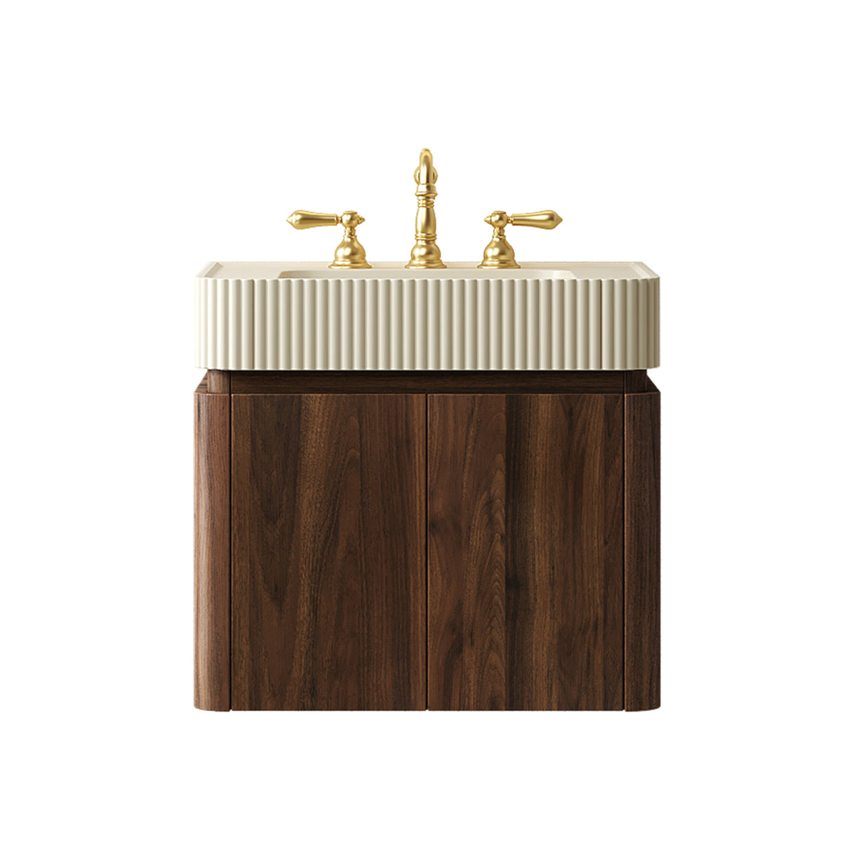 GECO 24" Wall-Mounted Bathroom Vanity with Cream Beige Solid Surface Integrated Basin, Floating Storage Cabinet, Walnut Woodgrain, 8" Widespread 3-Hole Faucet Configuration, Disassembled