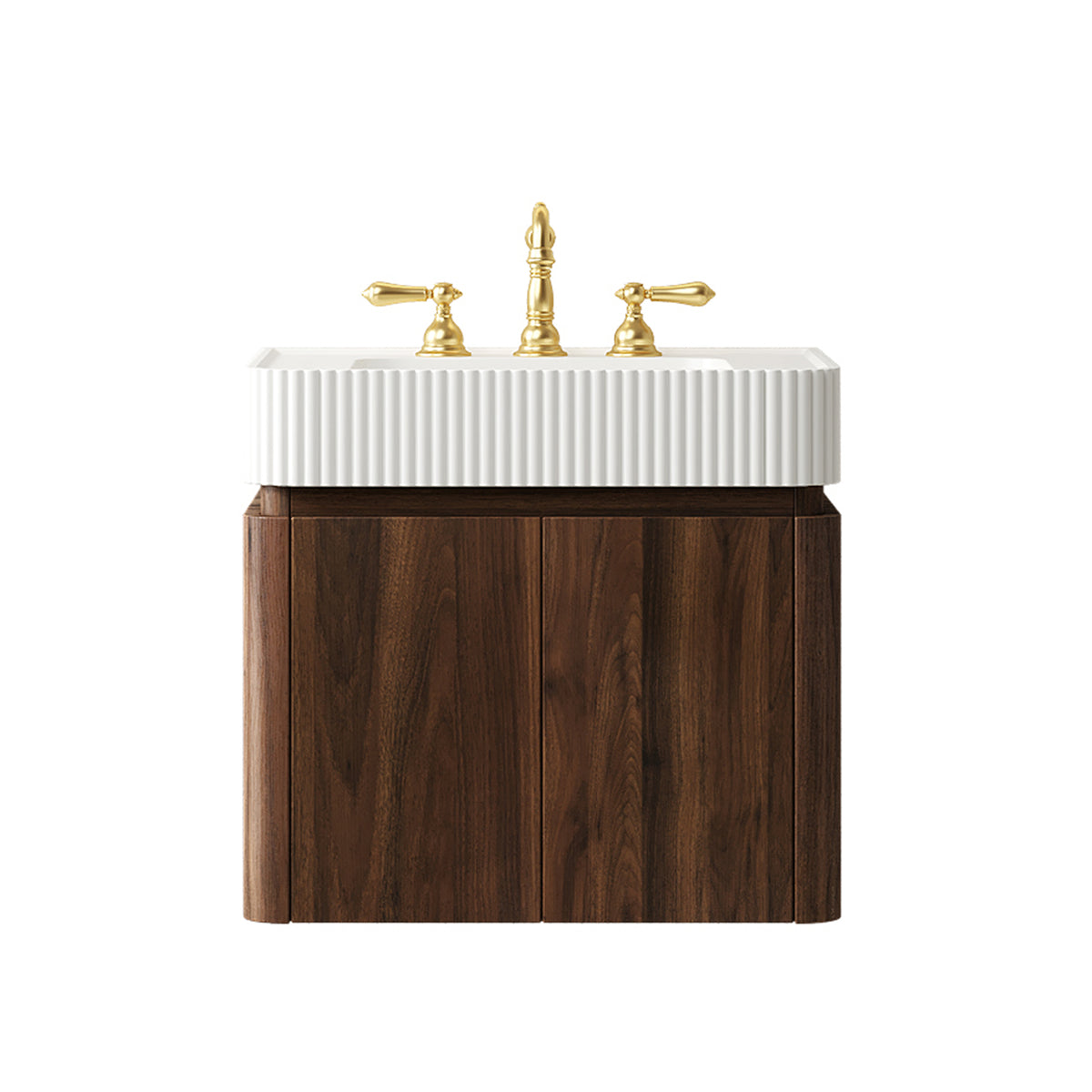 GECO 24" Wall-Mounted Bathroom Vanity with White Solid Surface Integrated Basin, Floating Storage Cabinet, Walnut Woodgrain, 8" Widespread 3-Hole Faucet Configuration, Disassembled