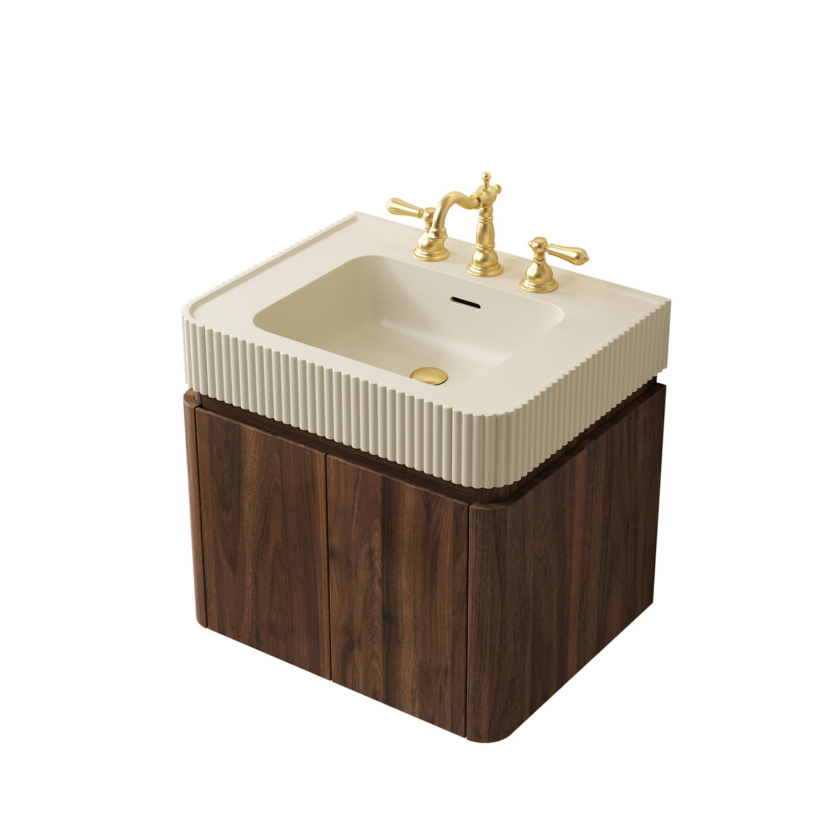 GECO 24" Wall-Mounted Bathroom Vanity with Cream Beige Solid Surface Integrated Basin, Floating Storage Cabinet, Walnut Woodgrain, 8" Widespread 3-Hole Faucet Configuration, Disassembled
