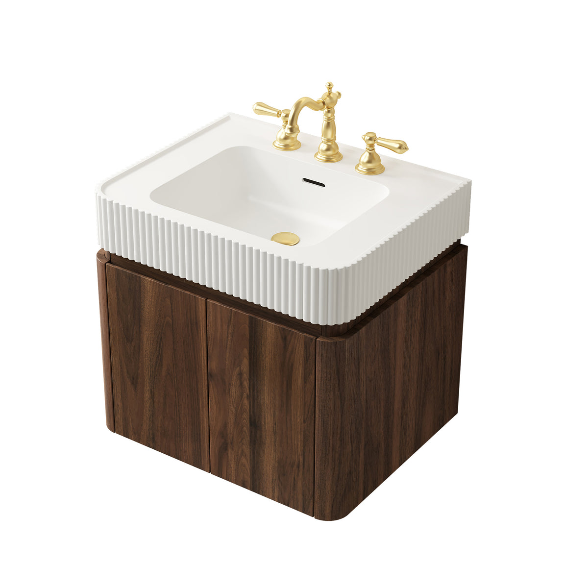 GECO 24" Wall-Mounted Bathroom Vanity with White Solid Surface Integrated Basin, Floating Storage Cabinet, Walnut Woodgrain, 8" Widespread 3-Hole Faucet Configuration, Disassembled