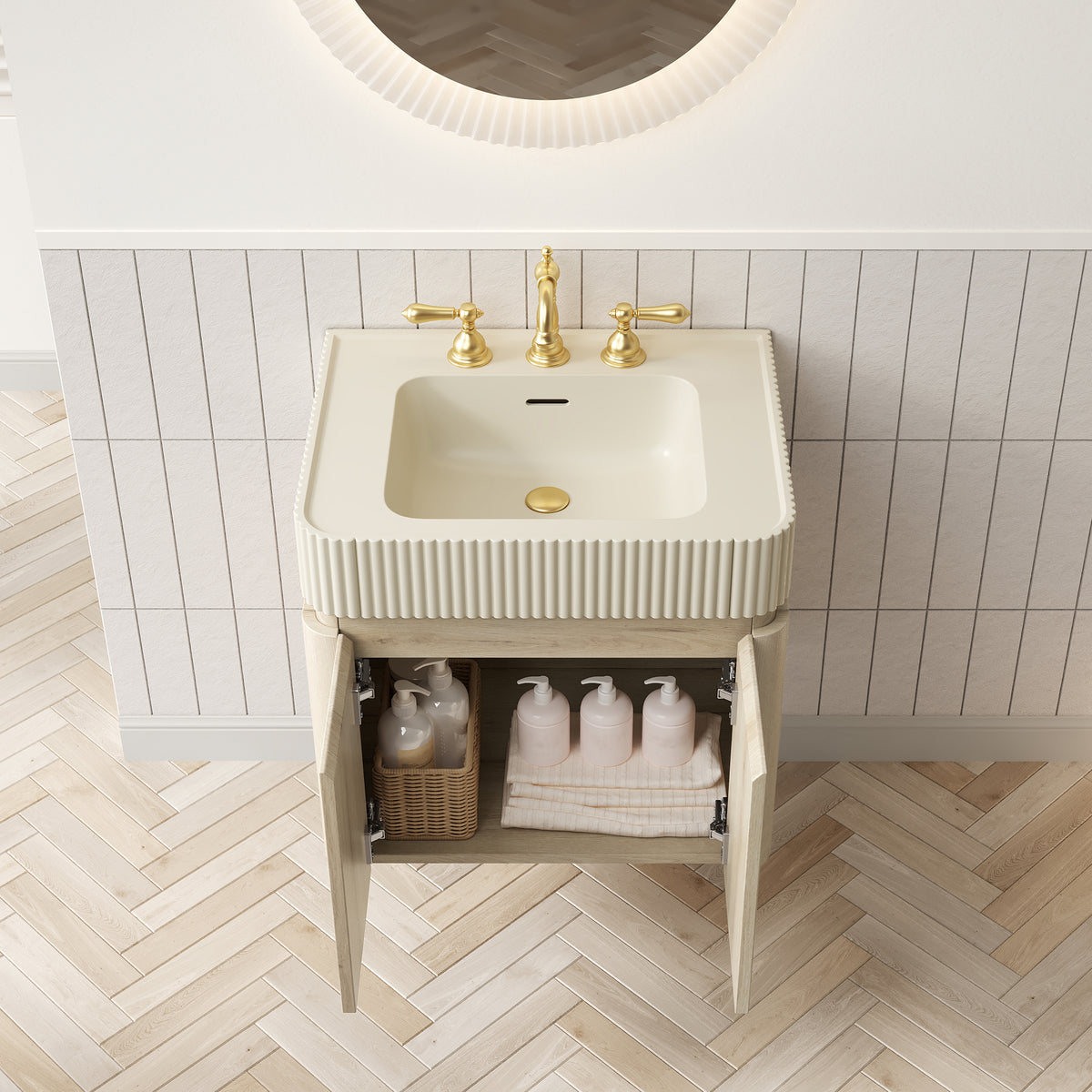 GECO 24" Wall-Mounted Bathroom Vanity with Cream Beige Solid Surface Integrated Basin, Floating Storage Cabinet, White Oak Woodgrain, 8" Widespread 3-Hole Faucet Configuration, Disassembled