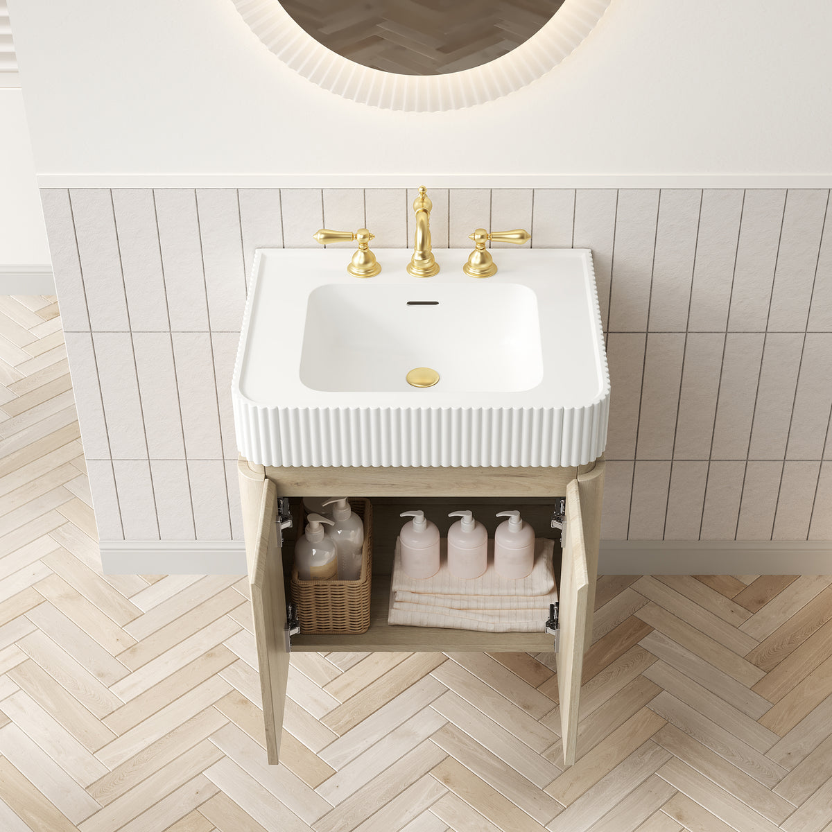 GECO 24" Wall-Mounted Bathroom Vanity with white Solid Surface Integrated Basin, Floating Storage Cabinet, White Oak Woodgrain, 8" Widespread 3-Hole Faucet Configuration, Disassembled