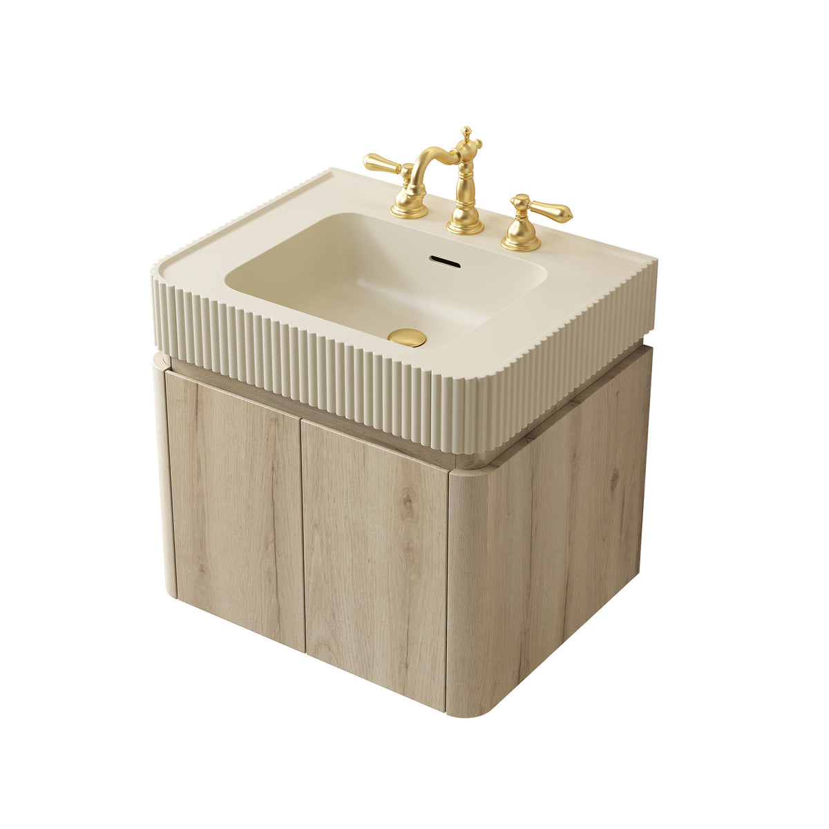 GECO 24" Wall-Mounted Bathroom Vanity with Cream Beige Solid Surface Integrated Basin, Floating Storage Cabinet, White Oak Woodgrain, 8" Widespread 3-Hole Faucet Configuration, Disassembled