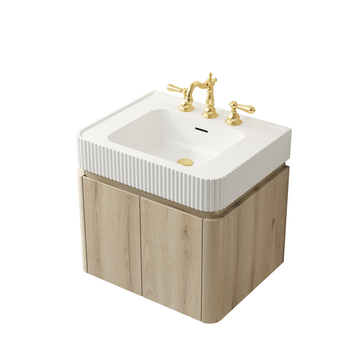 GECO 24" Wall-Mounted Bathroom Vanity with white Solid Surface Integrated Basin, Floating Storage Cabinet, White Oak Woodgrain, 8" Widespread 3-Hole Faucet Configuration, Disassembled