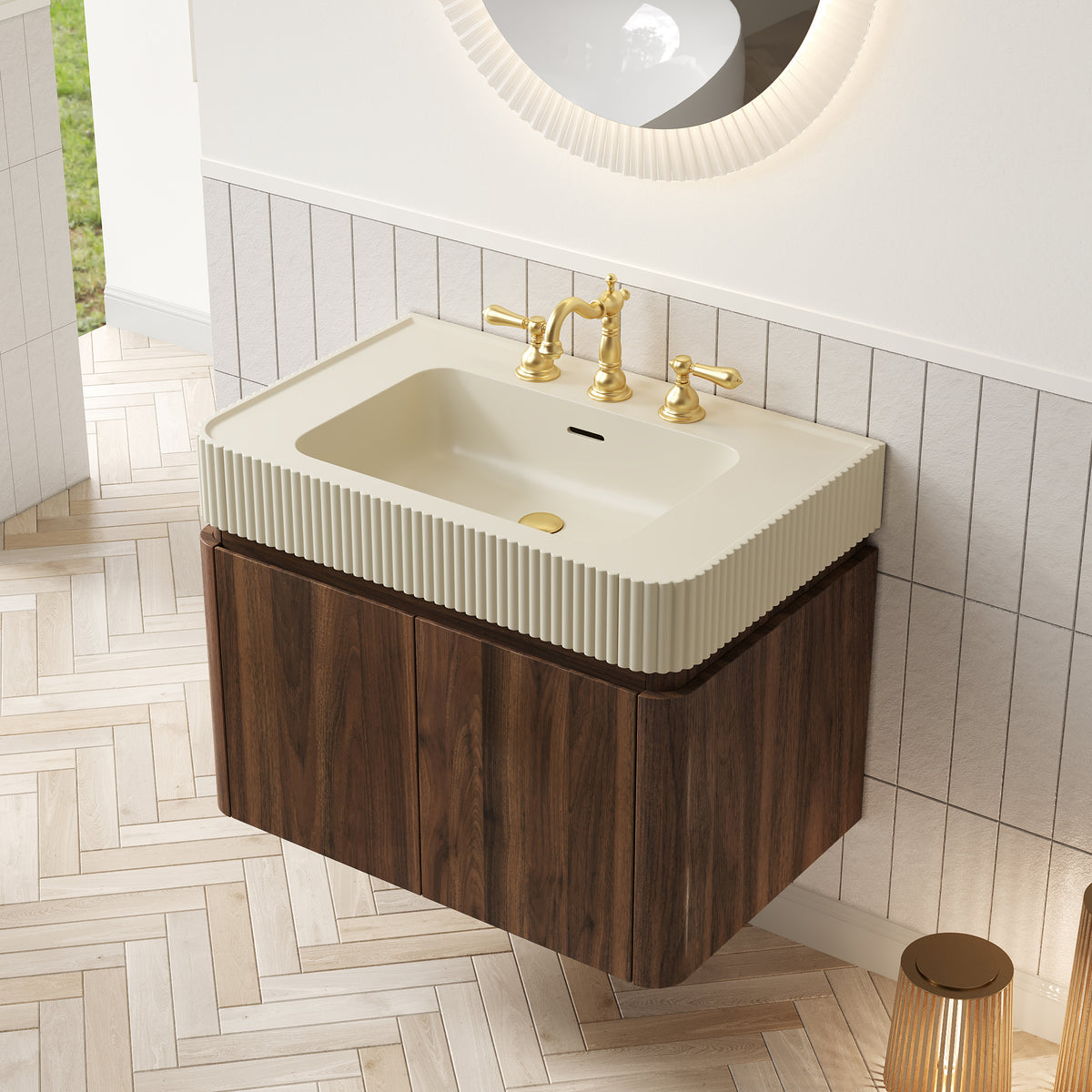GECO 30" Wall-Mounted Bathroom Vanity with Cream Beige Solid Surface Integrated Basin, Floating Storage Cabinet, Walnut Woodgrain, 8" Widespread 3-Hole Faucet Configuration, Disassembled