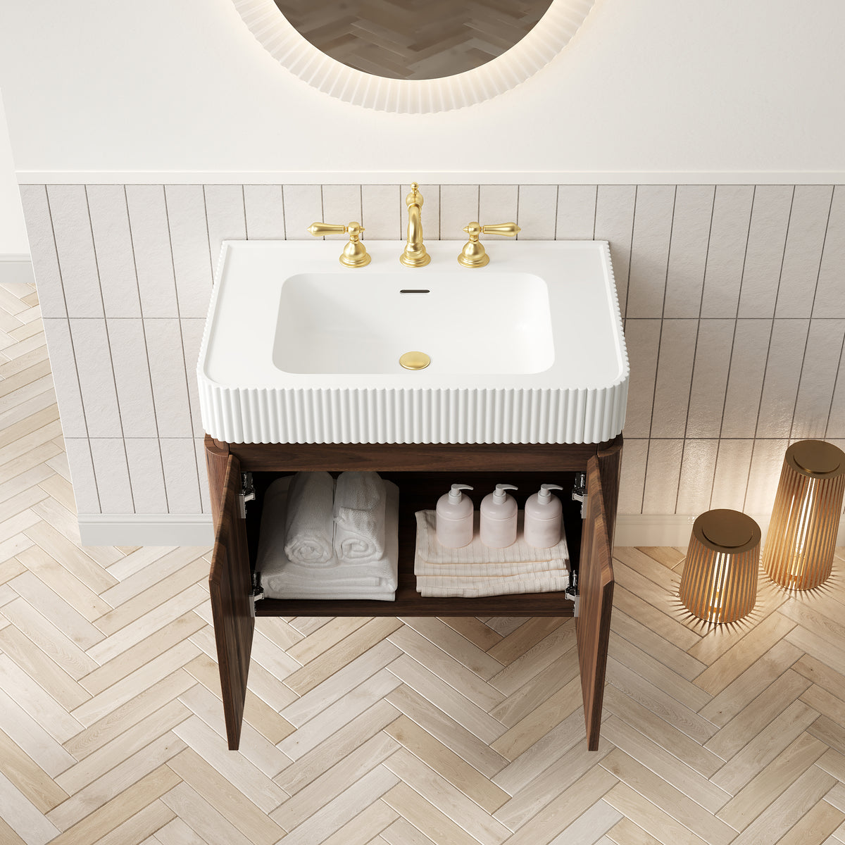 GECO 30" Wall-Mounted Bathroom Vanity with White Solid Surface Integrated Basin, Floating Storage Cabinet, Walnut Woodgrain, 8" Widespread 3-Hole Faucet Configuration, Disassembled