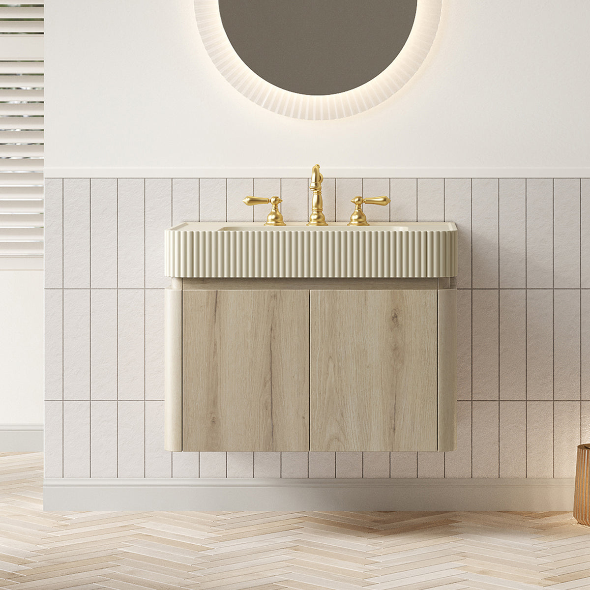 GECO 30" Wall-Mounted Bathroom Vanity with Cream Beige Solid Surface Integrated Basin, Floating Storage Cabinet, White Oak Woodgrain, 8" Widespread 3-Hole Faucet Configuration, Disassembled