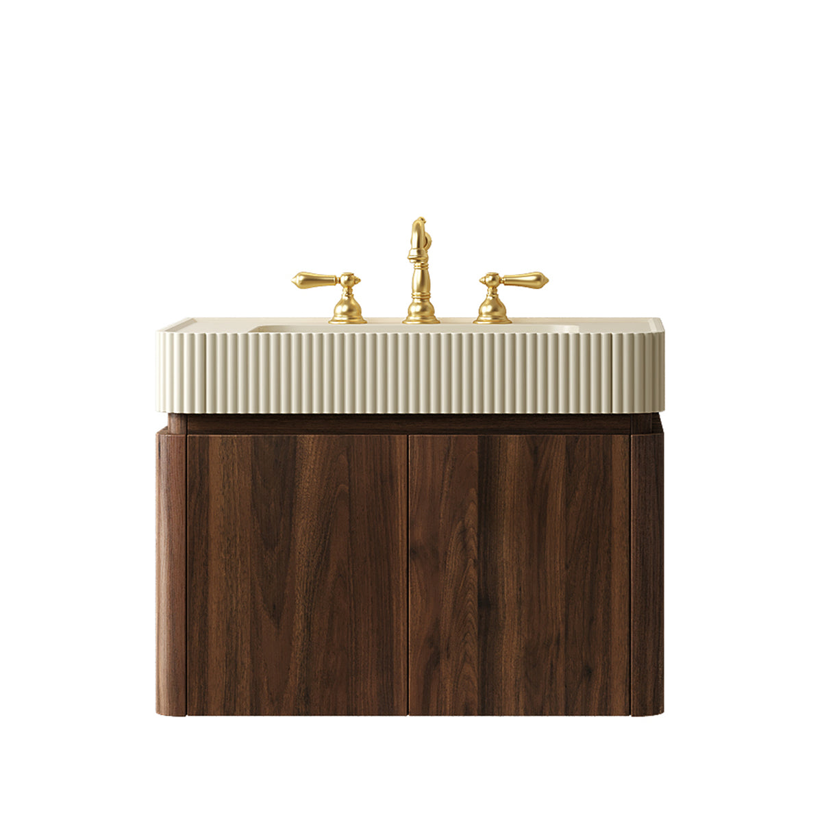 GECO 30" Wall-Mounted Bathroom Vanity with Cream Beige Solid Surface Integrated Basin, Floating Storage Cabinet, Walnut Woodgrain, 8" Widespread 3-Hole Faucet Configuration, Disassembled