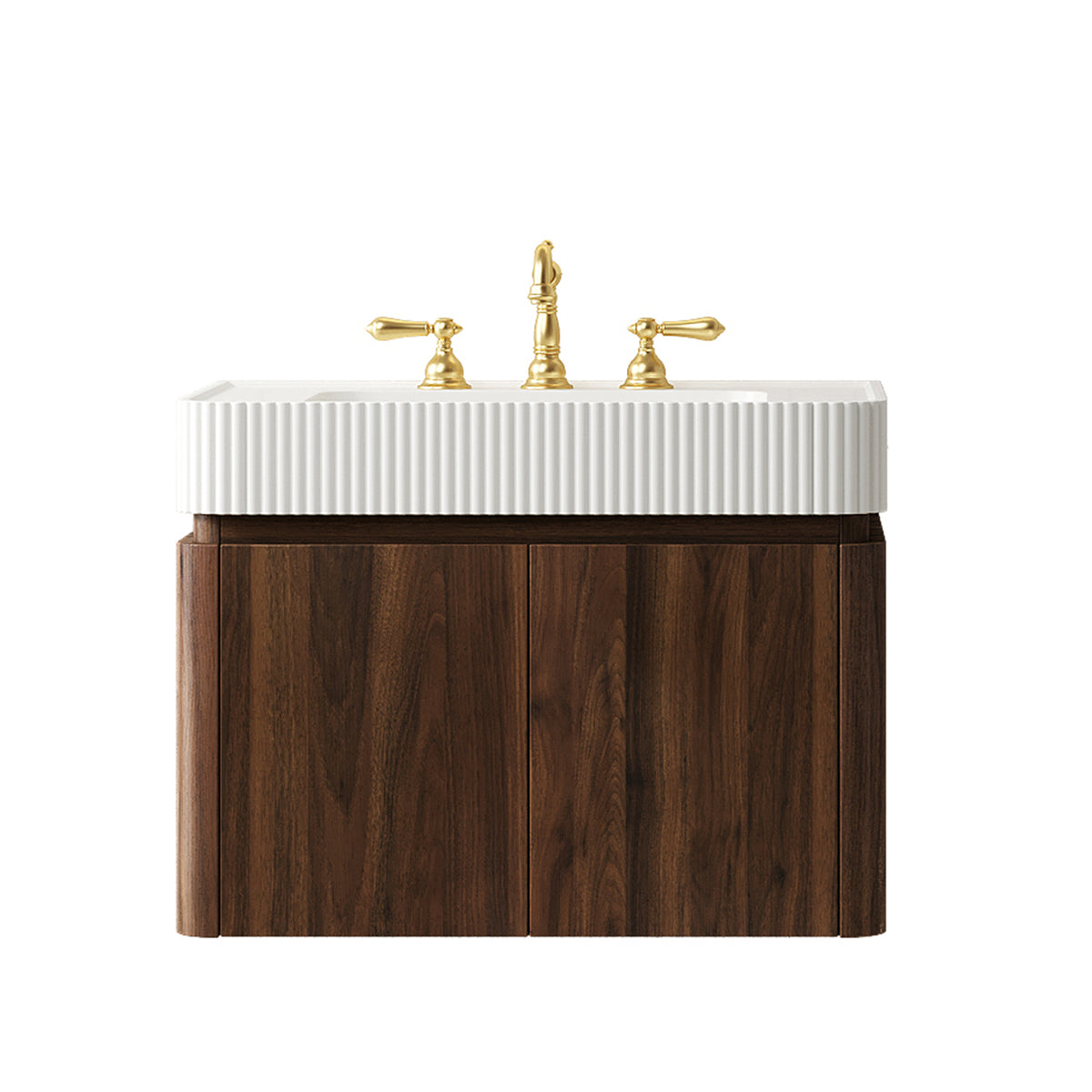 GECO 30" Wall-Mounted Bathroom Vanity with White Solid Surface Integrated Basin, Floating Storage Cabinet, Walnut Woodgrain, 8" Widespread 3-Hole Faucet Configuration, Disassembled