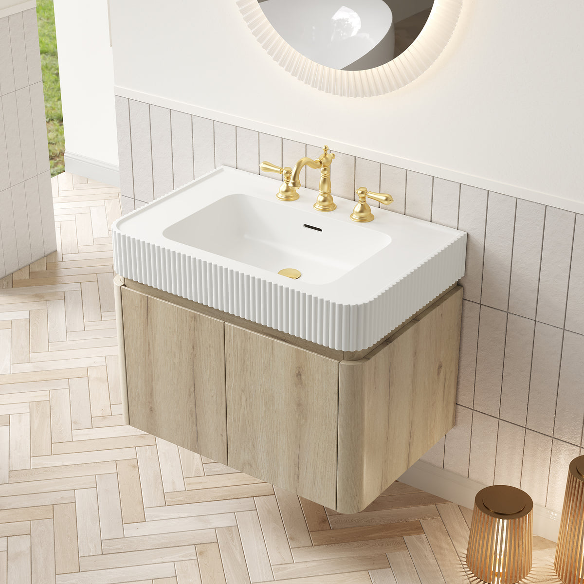GECO 30" Wall-Mounted Bathroom Vanity with white Solid Surface Integrated Basin, Floating Storage Cabinet, White Oak Woodgrain, 8" Widespread 3-Hole Faucet Configuration, Disassembled