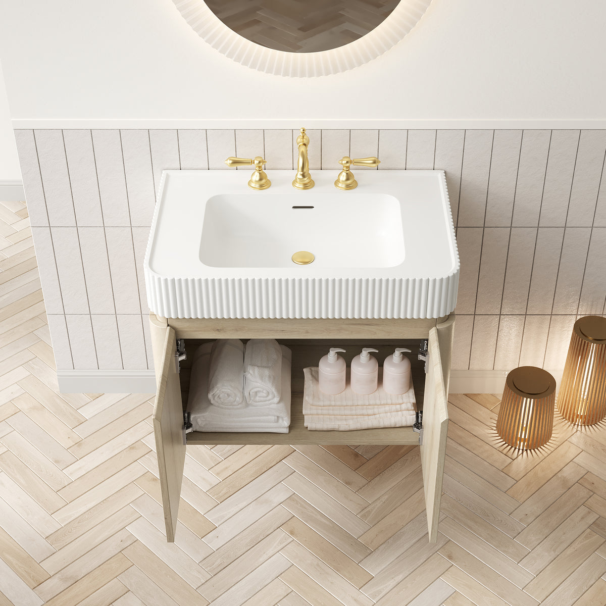 GECO 30" Wall-Mounted Bathroom Vanity with white Solid Surface Integrated Basin, Floating Storage Cabinet, White Oak Woodgrain, 8" Widespread 3-Hole Faucet Configuration, Disassembled