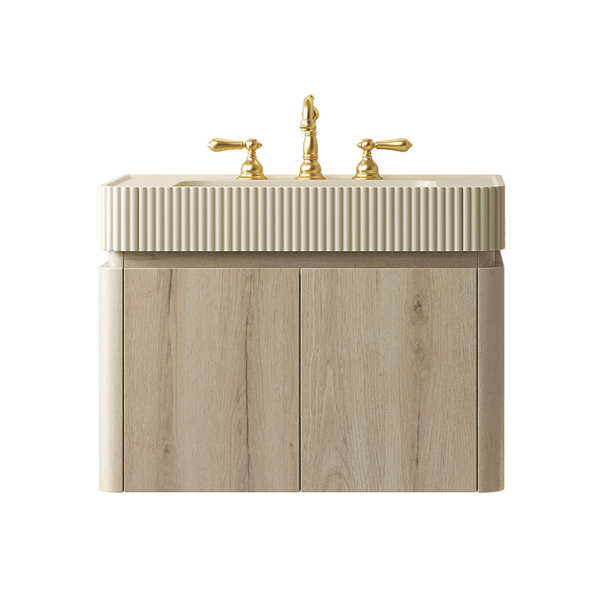 GECO 30" Wall-Mounted Bathroom Vanity with Cream Beige Solid Surface Integrated Basin, Floating Storage Cabinet, White Oak Woodgrain, 8" Widespread 3-Hole Faucet Configuration, Disassembled