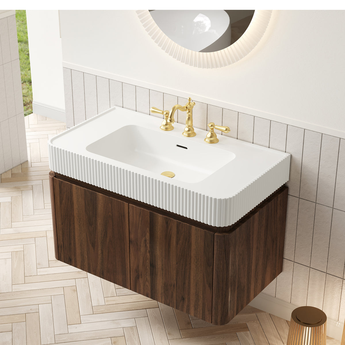 GECO 36" Wall-Mounted Bathroom Vanity with White Solid Surface Integrated Basin, Floating Storage Cabinet, Walnut Woodgrain, 8" Widespread 3-Hole Faucet Configuration, Disassembled
