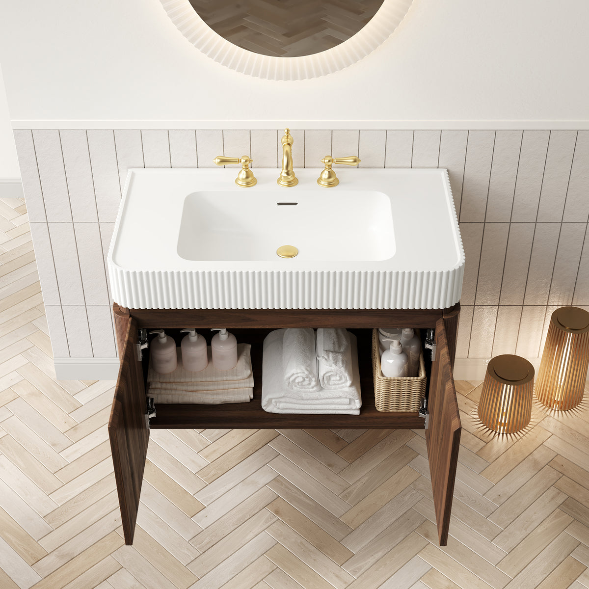 GECO 36" Wall-Mounted Bathroom Vanity with White Solid Surface Integrated Basin, Floating Storage Cabinet, Walnut Woodgrain, 8" Widespread 3-Hole Faucet Configuration, Disassembled