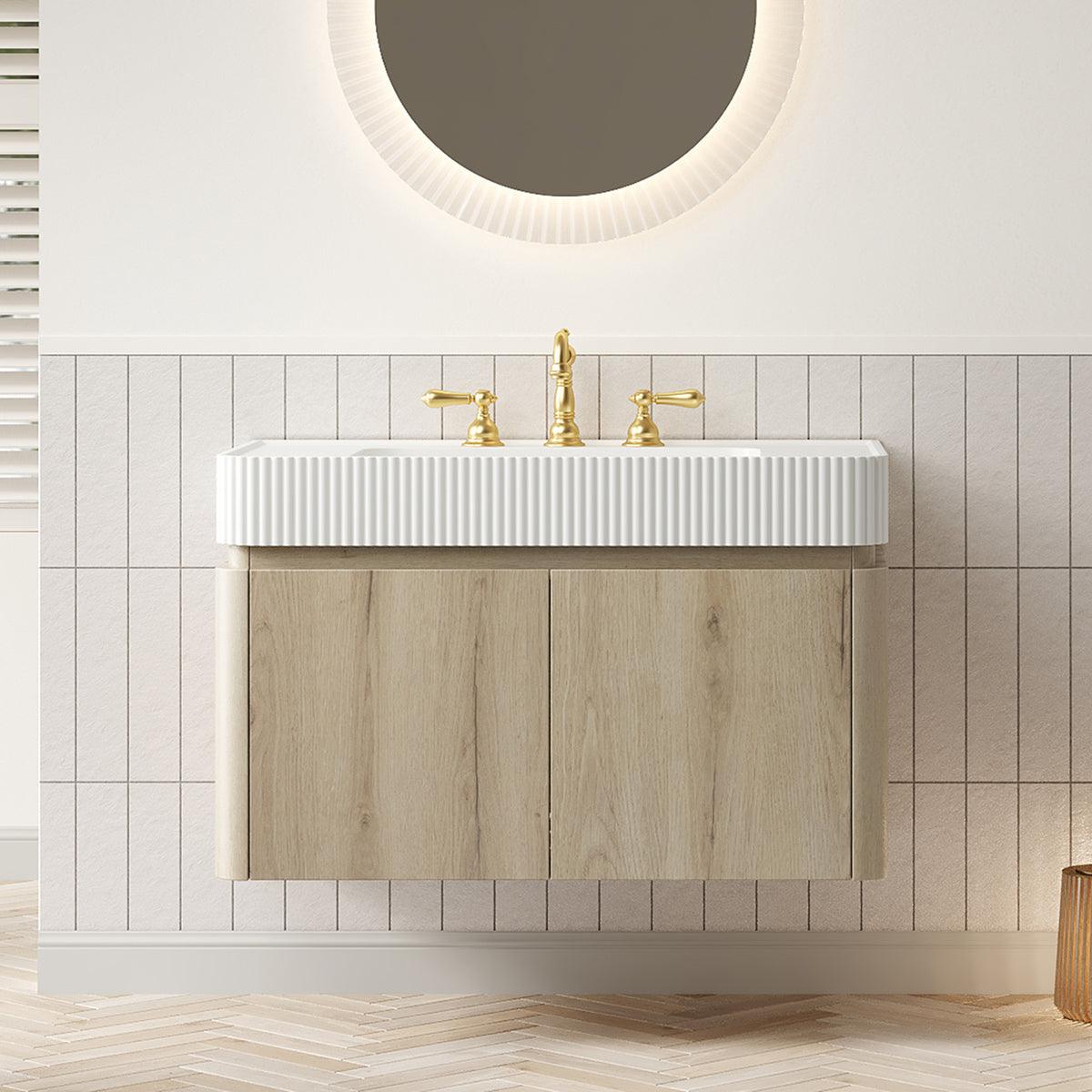 GECO 36" Wall-Mounted Bathroom Vanity with white Solid Surface Integrated Basin, Floating Storage Cabinet, White Oak Woodgrain, 8" Widespread 3-Hole Faucet Configuration, Disassembled