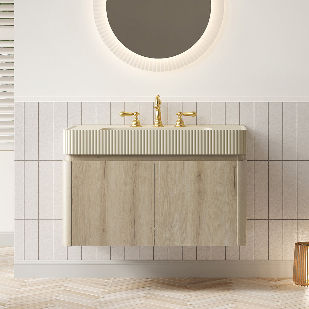GECO 36" Wall-Mounted Bathroom Vanity with Cream Beige Solid Surface Integrated Basin, Floating Storage Cabinet, White Oak Woodgrain, 8" Widespread 3-Hole Faucet Configuration, Disassembled