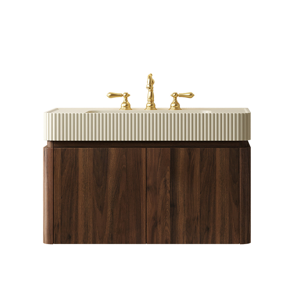 GECO 36" Wall-Mounted Bathroom Vanity with Cream Beige Solid Surface Integrated Basin, Floating Storage Cabinet, Walnut Woodgrain, 8" Widespread 3-Hole Faucet Configuration, Disassembled