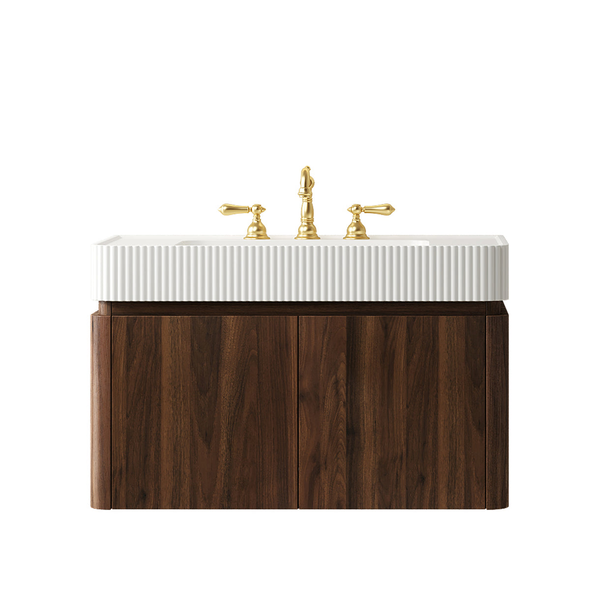 GECO 36" Wall-Mounted Bathroom Vanity with White Solid Surface Integrated Basin, Floating Storage Cabinet, Walnut Woodgrain, 8" Widespread 3-Hole Faucet Configuration, Disassembled