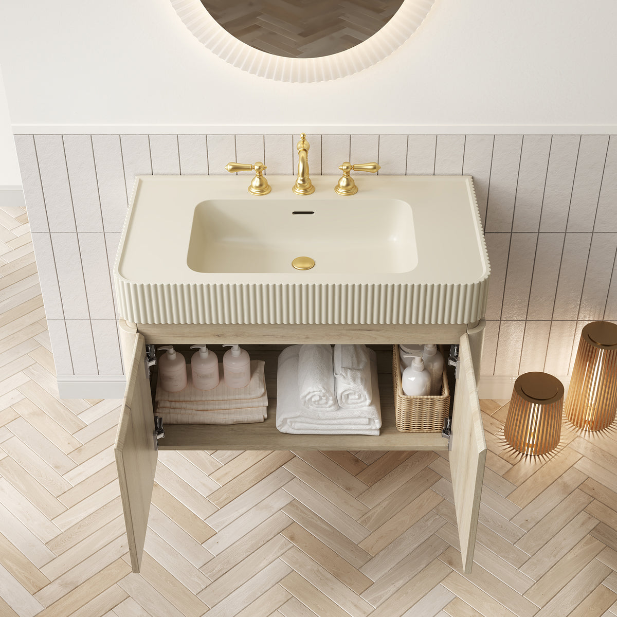 GECO 36" Wall-Mounted Bathroom Vanity with Cream Beige Solid Surface Integrated Basin, Floating Storage Cabinet, White Oak Woodgrain, 8" Widespread 3-Hole Faucet Configuration, Disassembled