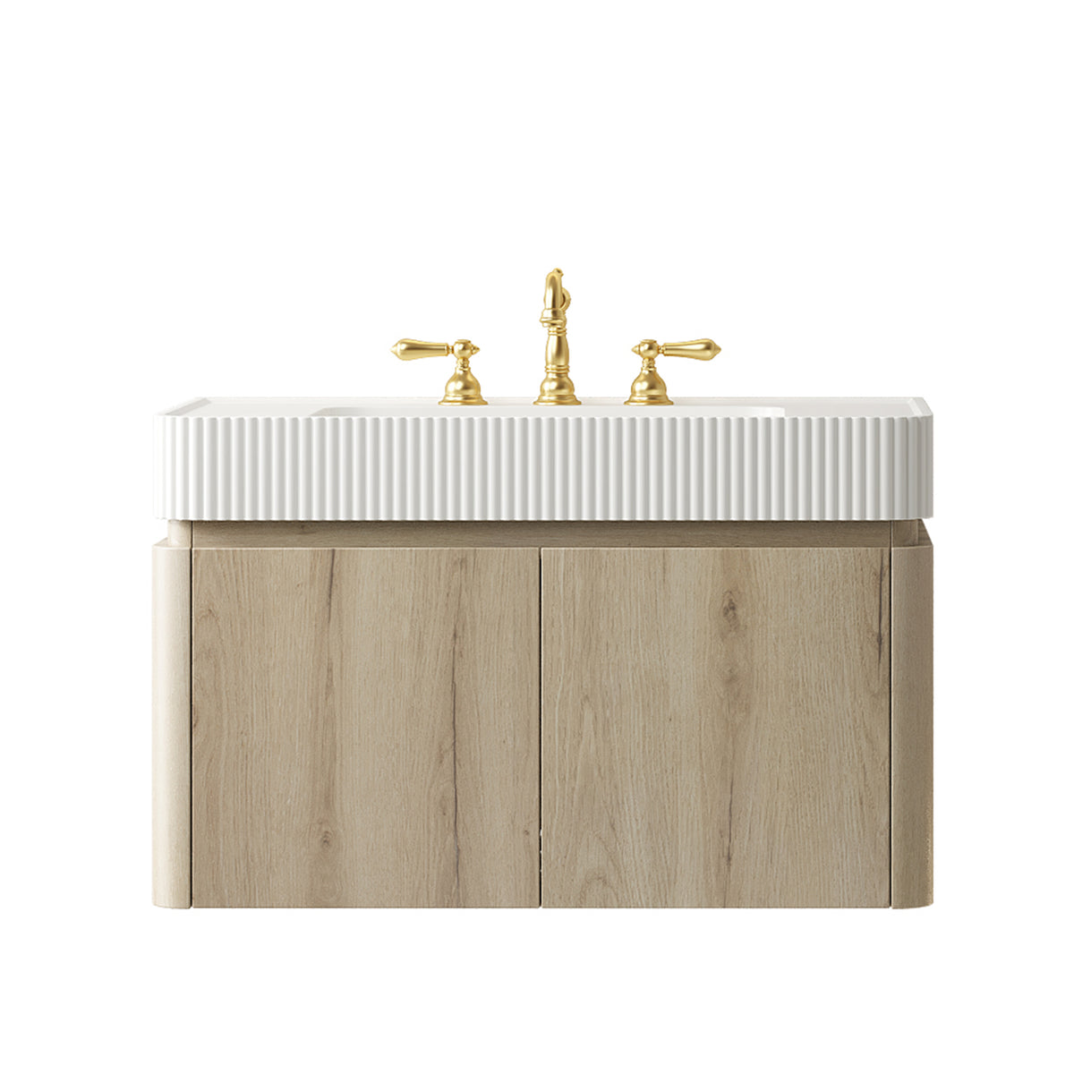 GECO 36" Wall-Mounted Bathroom Vanity with white Solid Surface Integrated Basin, Floating Storage Cabinet, White Oak Woodgrain, 8" Widespread 3-Hole Faucet Configuration, Disassembled