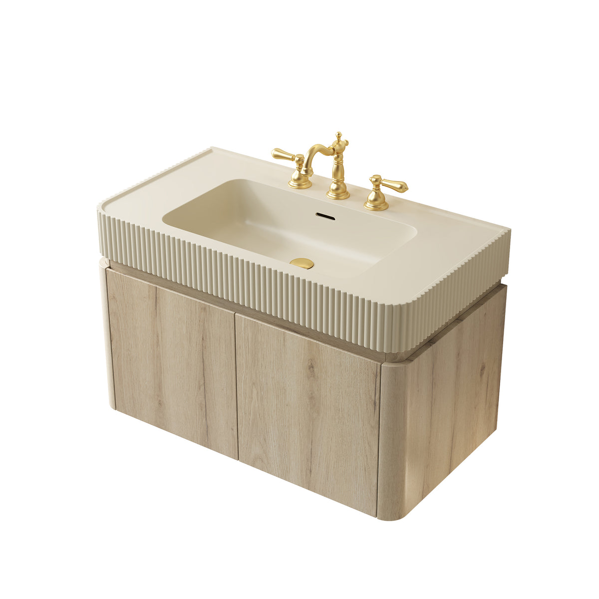 GECO 36" Wall-Mounted Bathroom Vanity with Cream Beige Solid Surface Integrated Basin, Floating Storage Cabinet, White Oak Woodgrain, 8" Widespread 3-Hole Faucet Configuration, Disassembled