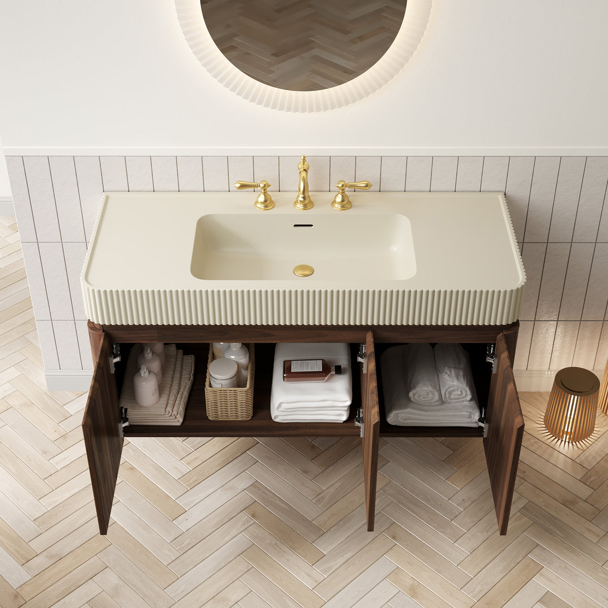 GECO 48" Wall-Mounted Bathroom Vanity with Cream Beige Solid Surface Sink, Floating Storage Cabinet with Drawer and Door, Walnut Woodgrain, 3 Pre-Drilled Faucet Holes, Disassembled