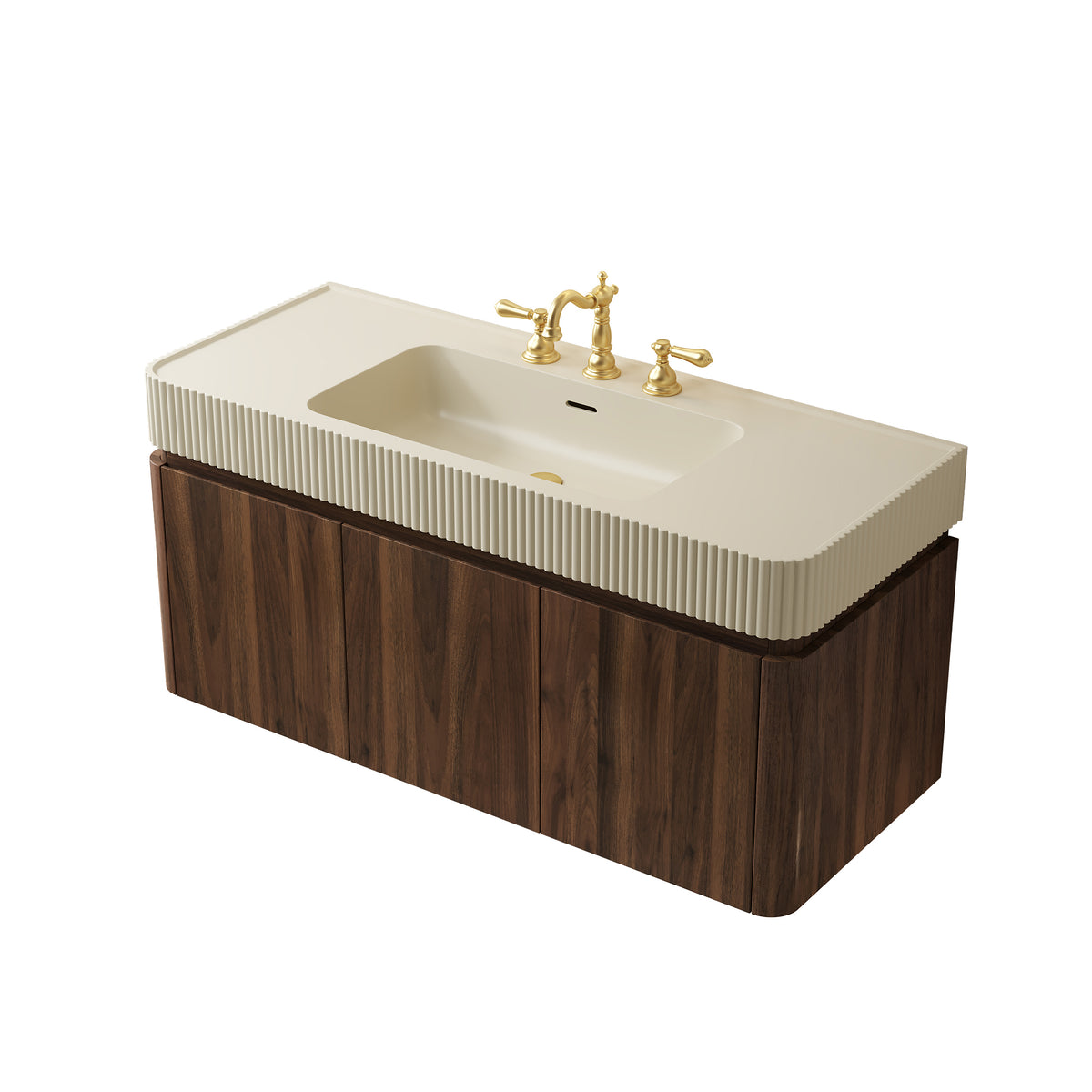 GECO 48" Wall-Mounted Bathroom Vanity with Cream Beige Solid Surface Sink, Floating Storage Cabinet with Drawer and Door, Walnut Woodgrain, 3 Pre-Drilled Faucet Holes, Disassembled
