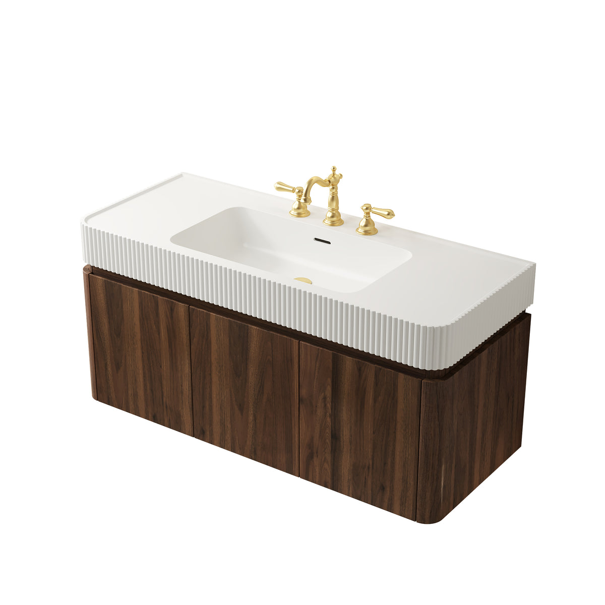 GECO 48" Wall-Mounted Bathroom Vanity with White Solid Surface Integrated Basin, Floating Storage Cabinet, Walnut Woodgrain, 8" Widespread 3-Hole Faucet Configuration, Disassembled
