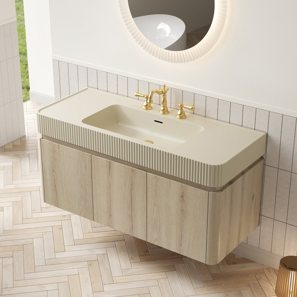 GECO 48" Wall-Mounted Bathroom Vanity with Cream Beige Solid Surface Integrated Basin, Floating Storage Cabinet, White Oak Woodgrain, 8" Widespread 3-Hole Faucet Configuration, Disassembled