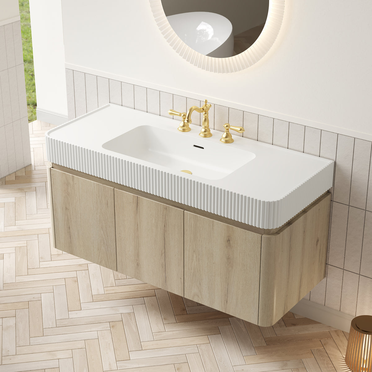 GECO 48" Wall-Mounted Bathroom Vanity with white Solid Surface Integrated Basin, Floating Storage Cabinet, White Oak Woodgrain, 8" Widespread 3-Hole Faucet Configuration, Disassembled