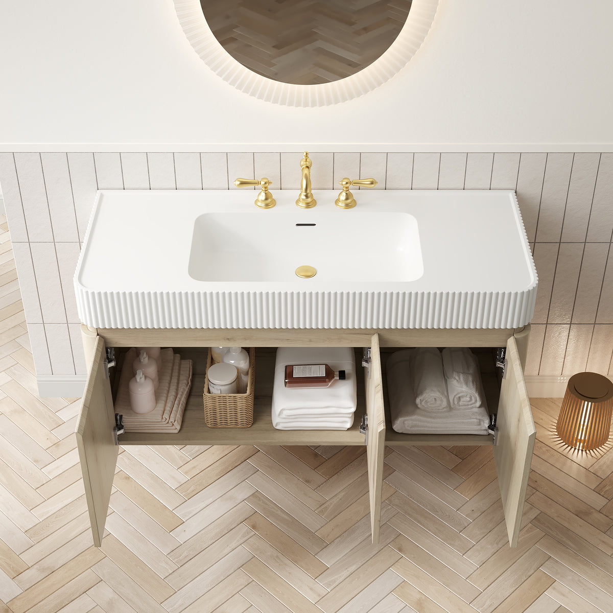 GECO 48" Wall-Mounted Bathroom Vanity with white Solid Surface Integrated Basin, Floating Storage Cabinet, White Oak Woodgrain, 8" Widespread 3-Hole Faucet Configuration, Disassembled