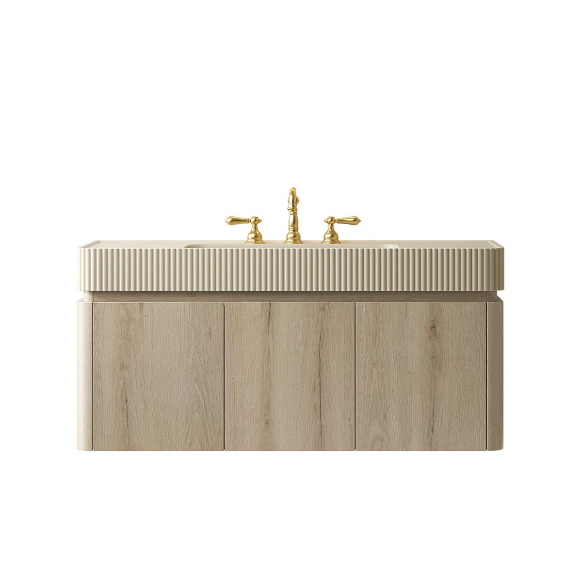 GECO 48" Wall-Mounted Bathroom Vanity with Cream Beige Solid Surface Integrated Basin, Floating Storage Cabinet, White Oak Woodgrain, 8" Widespread 3-Hole Faucet Configuration, Disassembled