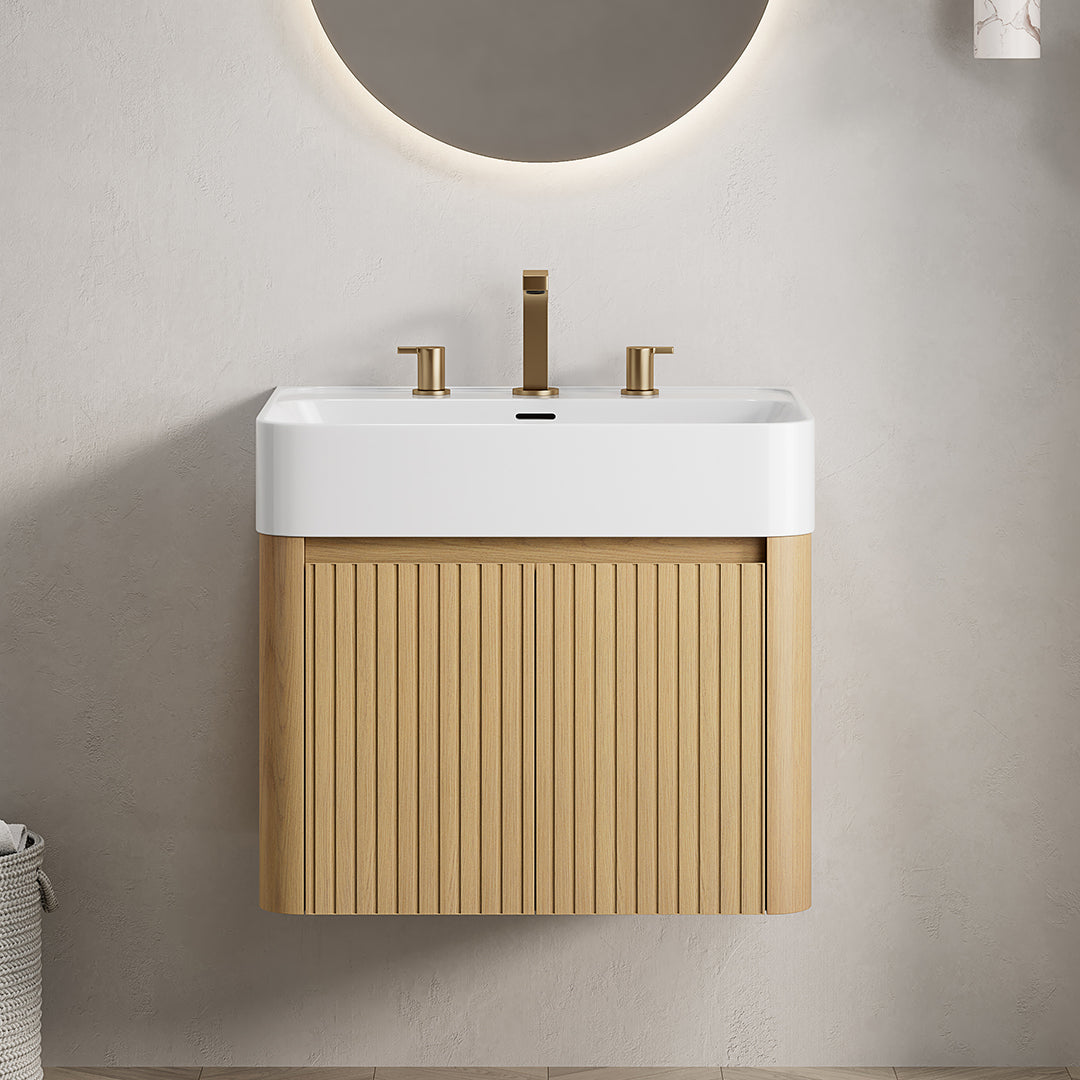 LORAN 24" Wall-Mounted Bathroom Vanity with White Solid Surface Integrated Basin, Floating Storage Cabinet, Corolla Oak Woodgrain, 8" Widespread 3-Hole Faucet Configuration, Disassembled（副本）